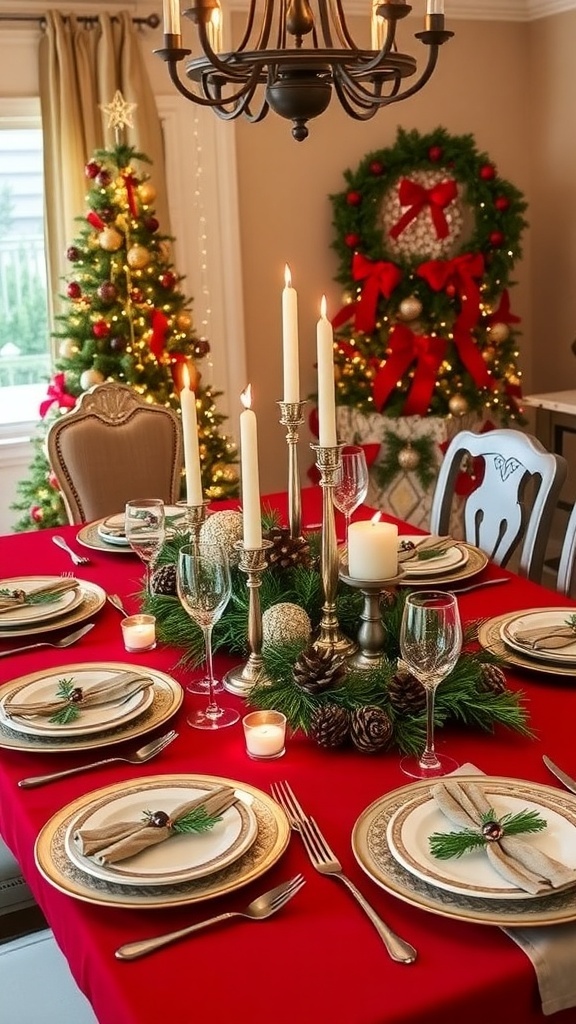 A festive Christmas table setting with red tablecloth, candles, and natural decorations.